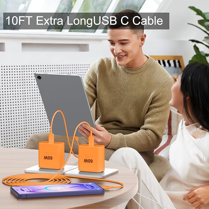 Type C Charger Fast Charging 60W Super Fast USB C Fast Charger Block with 10FT Extra Long C to C Charging Cord for Samsung Galaxy S26 Ultra/S26/S26+/S25 /S24/S23 Ultra/iPhone 17 16 15 Pro Max-Orange - Image 7