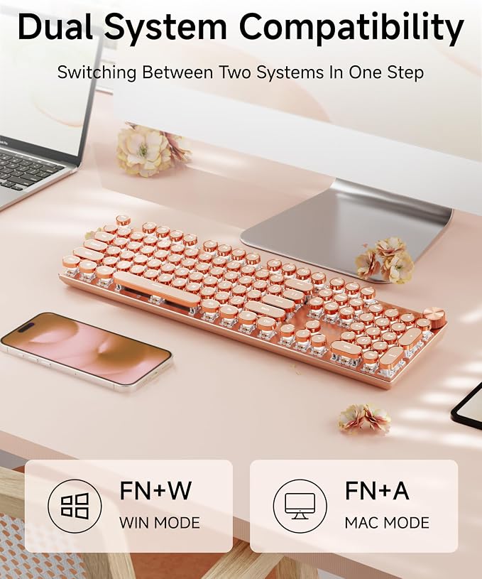 SEUNKWANG EWEADN V20 Typewriter Keyboard Wireless, 104 Keys Mechanical with White Backlit, Media Knob, Pink Switch 2.4G/Bluetooth/USB-A Wired Retro Full Size Keyboard for Windows/Mac/PC-Pink - Image 4
