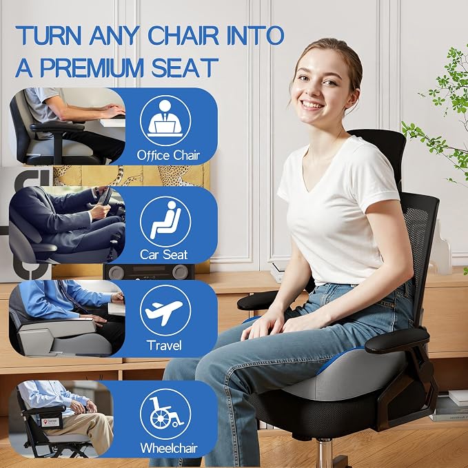 Benazcap Large Memory Foam Seat Cushion Lumbar Support Pillow for Sciatica & Tailbone Pressure Relief Coccyx Pad for Office Chair, Wheelchair, Car, Home, Office, Blue - Image 6