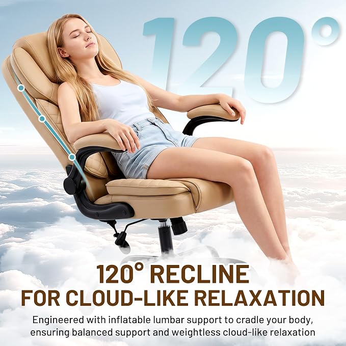 Ergonomic Office Chair, PU Leather High Back Executive Chair with Adjustable Inflatable Lumbar Support and Padded Flip-Up Arms, Recline Swivel Task Computer Chair for Home Office, Khaki - Image 10