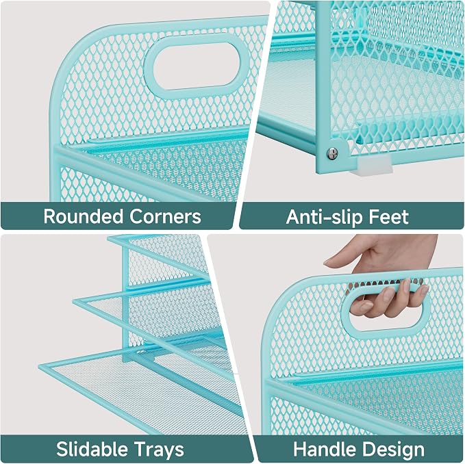 Paper Organizer Letter Tray with Handle Mesh 5-Tier | Stackable Desk Organizer for Files/Paper/Office Supplies, Sturdy Carbon Steel Desk Organizer for Home Office & Classroom - Image 3