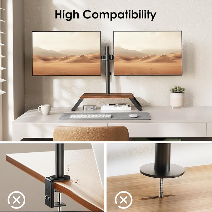 Dual Monitor Stand Riser for 12-27 Inch Computer Screens, Freestanding Double Monitor Stand for Desk, Adjustable Dual Monitor Mount Each Arm Hold up to 22lbs, VESA 75x75/100x100mm - Image 5