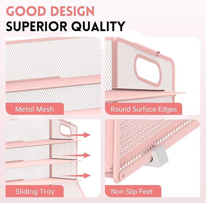 5-Tier Desk Organizer with File Holder & Pen Holder & Sliding Drawer, Pink | Mesh Metal Paper Letter Tray for Papers, Mail, Office Supplies, and Desk Accessories - Image 5