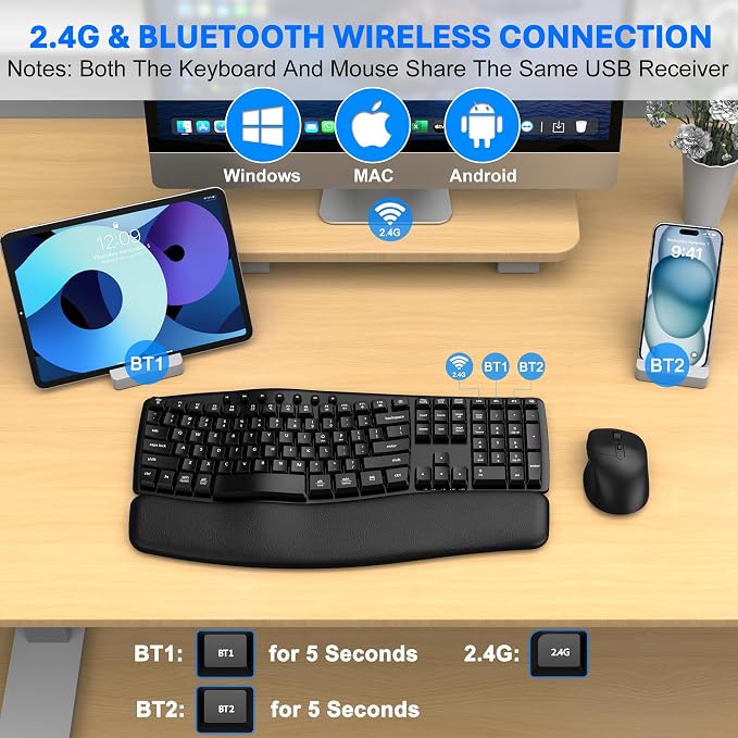Ergonomic Wireless Keyboard Mouse Combo, EDJO Bluetooth/2.4G Dual-Mode Connection, Soft Foam Wrist Rest, Silent Typing, Waves Key Design and 3-Level DPI Adjustable Wireless Mouse for Windows, Mac OS - Image 4