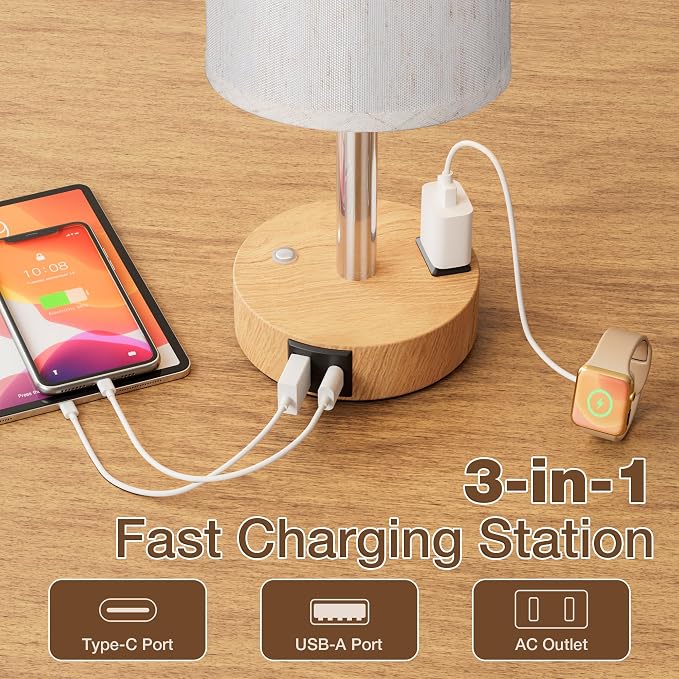 Touch Bedside Table Lamp for Bedroom, Stepless Dimmable, USB A+C, AC Outlet | Base Touch Button Only, Memory Brightness, Ultra-dim Night Light, Included Bulb for Optimal Dimming, Wood Grain Base, Nursery - Image 4