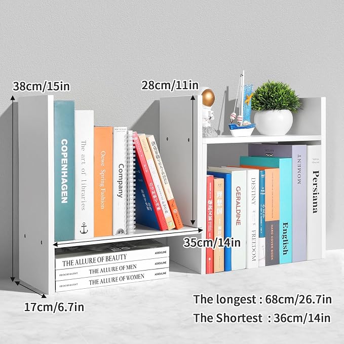 CITLOW Desktop Shelf Organizer - Adjustable Wood Desktop Bookshelf, Table Top Shelves, Desk Book Organizer for Office Supplies and Home Décor (White) - Image 3
