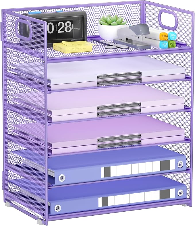 Purple Paper Organizer for Desk with Handle, 6-Tier | Metal Mesh File Organizer, Stackable Desktop Organizer for Office Supplies & Stationery Storage by Kinkota