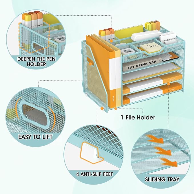 5 Tier Paper Letter Tray Desk Organizer with Pen Holders - Blue | Features 3 pen holders and 4 removable dividers.Versatile mesh desktop storage for mail, document,office supplie - Image 4