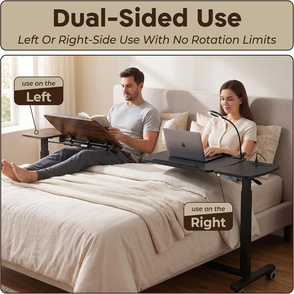 Overbed Table with Wheels Adjustable Height, Foldable Over Bed with 360° Swivel Tilt, Charging Station, LED Light, Rolling Bedside for Hospital, Couch Home & Office (Black) - Image 5