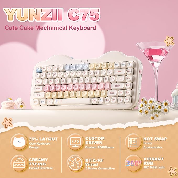 YUNZII C75 Cute 75% Wireless Mechanical Keyboard (Beige, Milk Switch) | Creamy Cake Keyboard, BT5.0/2.4G/USB-C, Hot-Swap, NKRO, PBT MOA Keycaps,5500mAh RGB Gasket Mount for Mac/Win/Gaming/Office - Image 2