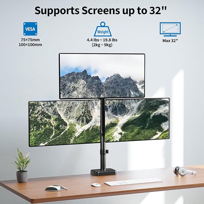 Triple Monitor Mount Fits Max 32" Computer Screen Triple Stand | Holds up to 17.6lbs Each Arm, 3 Monitor Desk Mount, Triple Arm with Tilt Swivel Rotation, VESA Mount 75/100mm - Image 2