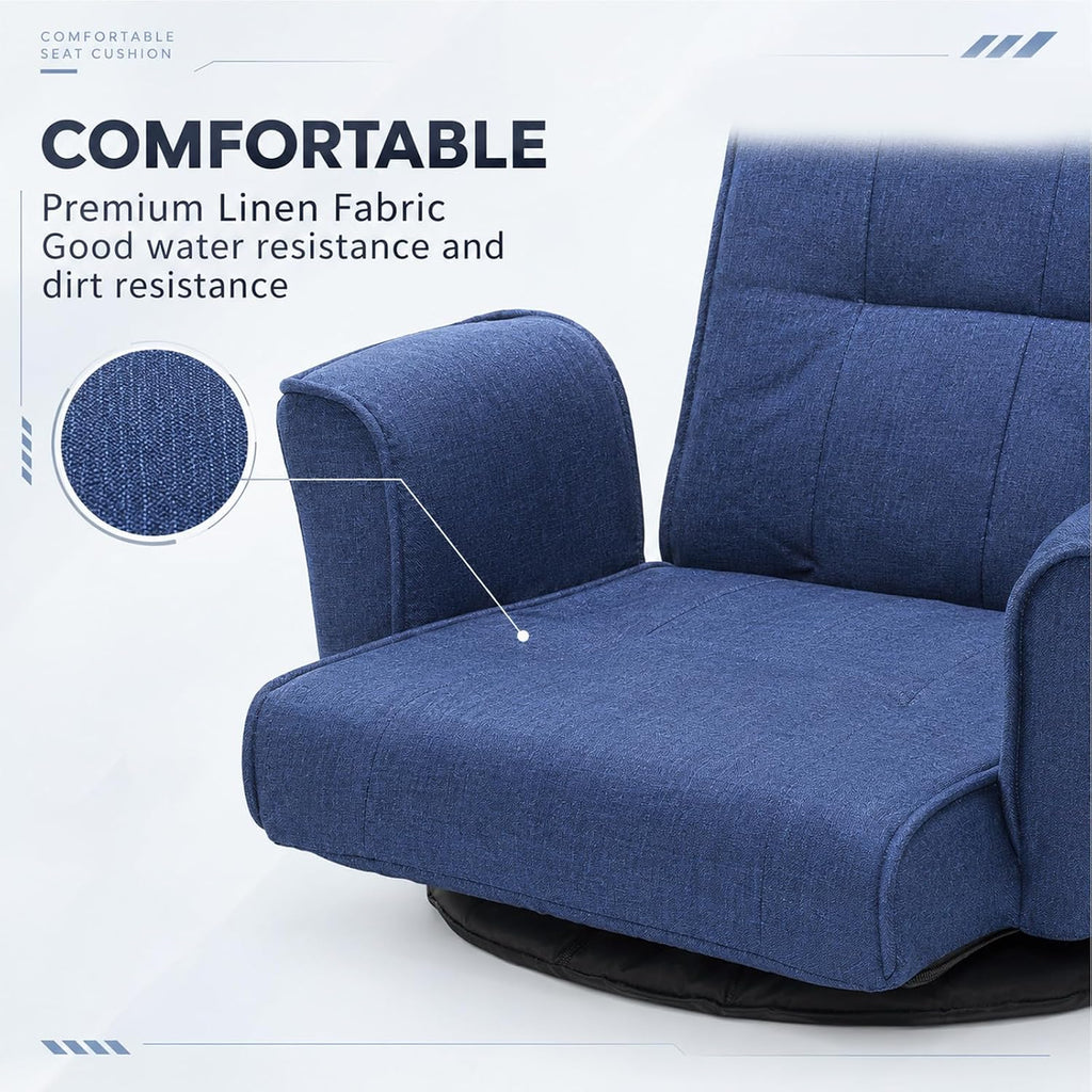 360° Swivel Floor Chair, Adjustable Reclining Floor Gaming Chair with Armrests, Linen Fabric Folding Lazy Sofa Chair, Multi-Position Floor Prayer Chair for Meditation Reading Napping, Blue - Image 4