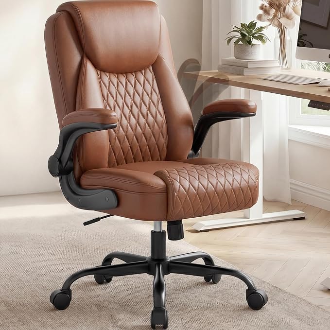 COMHOMA Mid-Back Office Chair, Ergonomic PU Desk Chair with Flip up Arms, Small Computer Gaming with Comfy Lumbar Support,Rocking Function,Sturdy Metal Base, Brown by ComHoma