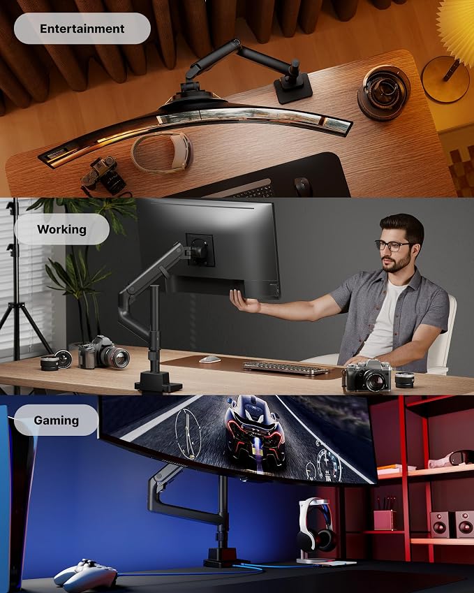 monTEK Ultrawide Monitor Arm Max 57",Height Adjustable 25.5",with USB，Black | Fits 17–57" Curved Monitors, Up to 59.4 lbs,Heavy Duty 75/100 VESA Monitor Stand with USB 3.0A/C,No Sag,Gaming & Office - Image 9