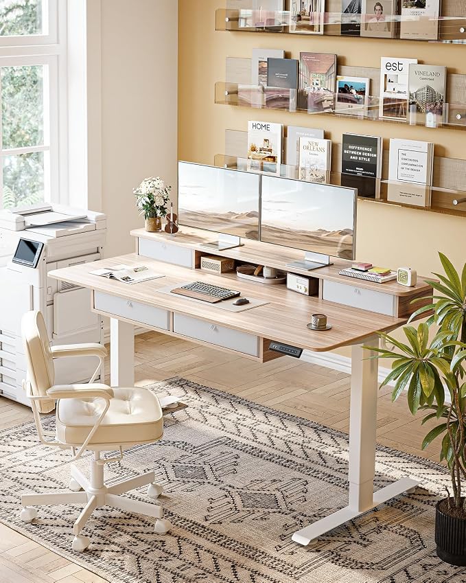 CubiCubi 60" x 30" Standing Electric Desk with Drawers, Light Rustic Brown | Height Adjustable Workstation, Computer Sit Stand Up Office Table with Large Storage Shelf, 4 Drawers and 2 Hooks - Image 2