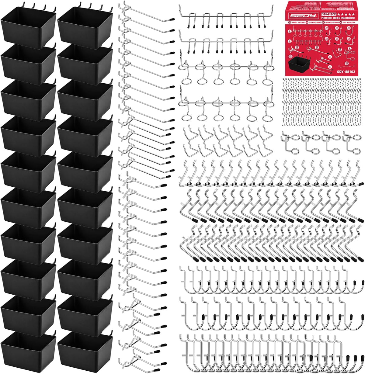 320PCS Pegboard Accessories Kit, Pegboard Hooks Assortment with Bins and Stainless Steel Peg Locks, Tool Organizer for 1/8" and 1/4" Pegboards, Garage Wall Organization, Workshop and Tool Storage by SEDY