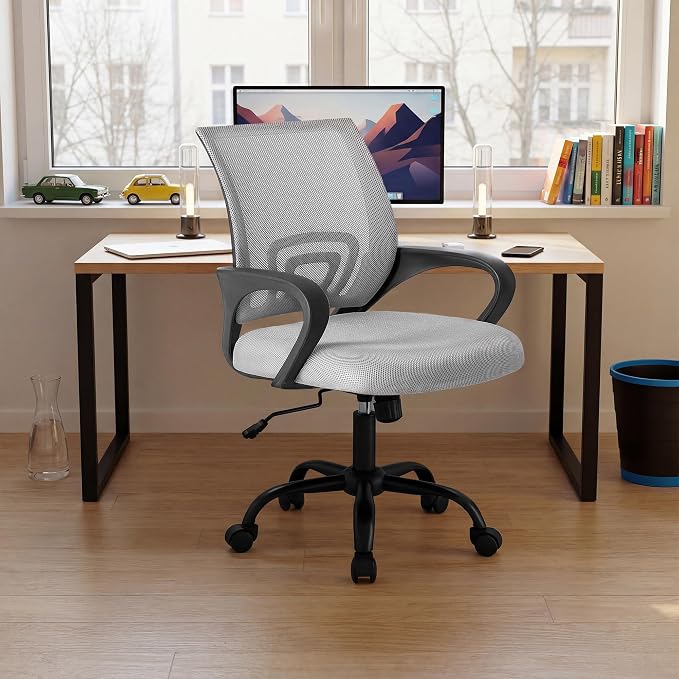 DUMOS Ergonomic Office Chair, Executive Desk Chair with Lumbar Support | Mid Back, Breathable Backrest, Fixed Armrest, Height Adjustable, 360° Swivel, Computer Gaming, Meeting, Grey - Image 9