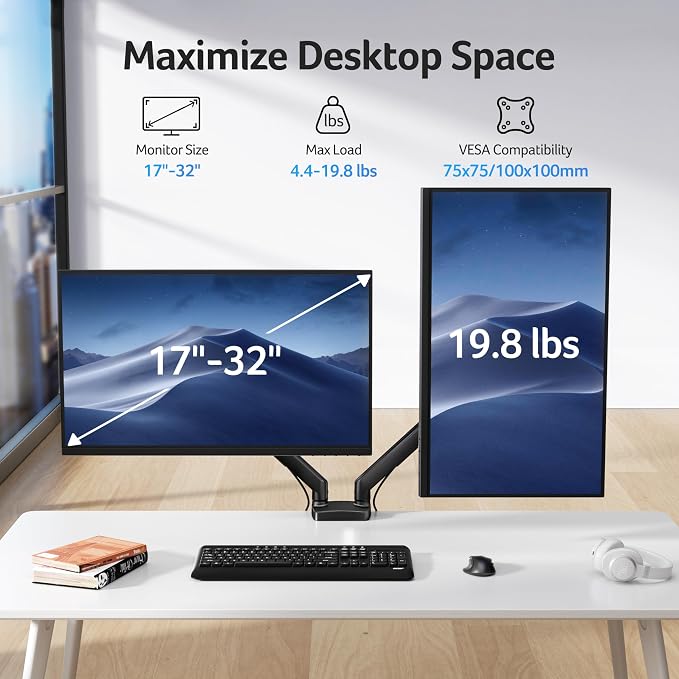 Acer Dual Monitor Arm, Gas Spring VESA Mount Stand for 17-32" Screens | Computer Desk Arm Fully Adjustable VESA 75x75/100x100 with C-Clamp & Grommet Mounting Base, Each Arm Holds 4.4 to 19.8 lbs - Image 2