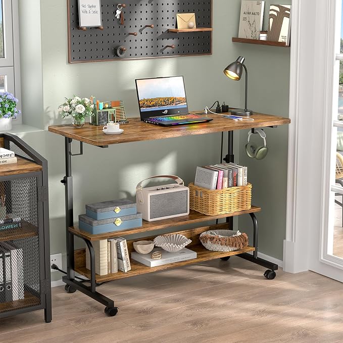 Besiost 39" Height Adjustable Standing Desk with Power Outlets - Manual Rolling Stand Up Desk with Wheels Small Portable Computer Desk Mobile Laptop Table with Storage Shelves for Home Office, Rustic - Image 2