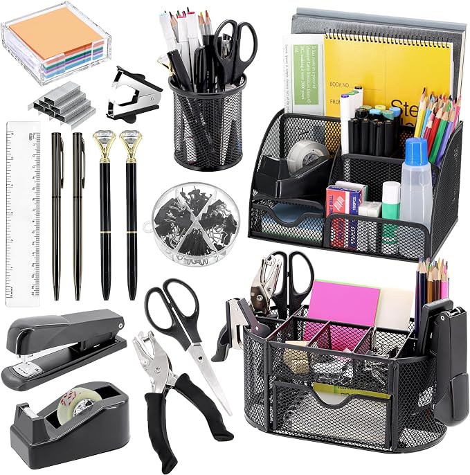 17 IN 1 Office Desk Organizer Set for Back to School Supplies Accessories | 3 Office Desk Storage Organization, 4 Pens, Stapler, Staples & Remover, Tape & Dispenser, Scissors, Ruler, Clips, Hole Punch by Froidesente