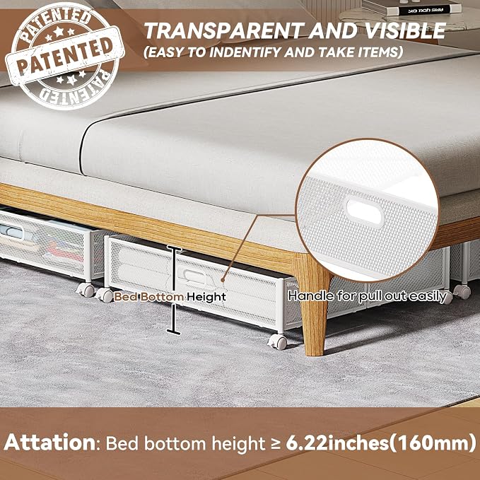 PHINOX Under Bed Storage with Wheels & Handle,Metal,Large,4 Pack,White | Tool-free assembly,glide smoothly,easy reach,foldable,maxmazie low-profile beds,dorm,keep seasonal clothes,shoes,sockes fresh - Image 4
