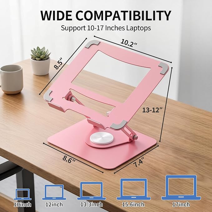 ALASHI Laptop Stand for Desk with 360° Rotating Base, Multi-Angle Adjustable Laptop Stands, Foldable Laptop Riser Compatible with 10 to 17 Inches PC Computer, Pink - Image 5