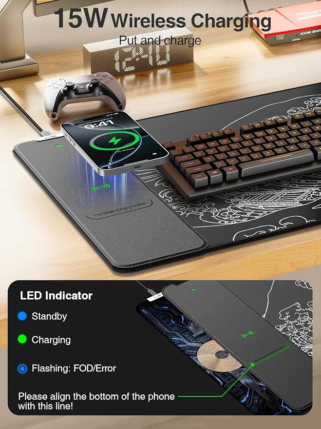Wireless Charging Mouse Pad, 31.5"x15.8" Large Desk Mat, Smooth Glide | Waterproof Mousepad, Stitched Edge, Non-Slip Rubber Base, Desk Pad Computer Keyboard Mat, No Adapter - Image 2