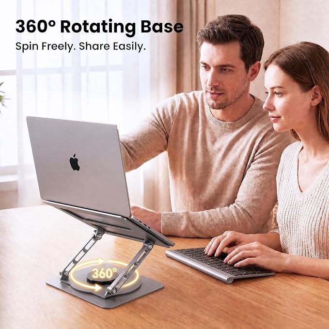 Aluminum Laptop Stand for Desk, Heavy Duty Computer Stand with 360° Rotating Base, Ergonomic Adjustable Height Notebook Riser, Compatible with MacBook Pro/Air, Dell, HP, 10-17” Laptops - Grey - Image 2