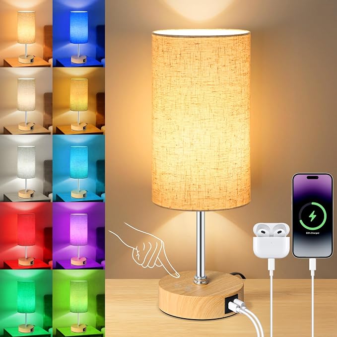 Small Table Lamp, 3CCT & 7 RGB Color Changing, Dimmable Nightstand Lamp with Wood Grain Base, Touch Bedsides Lamp for Bedroom, Office, Kids Room, Nursery, Party, Beige Shade by Unicozin