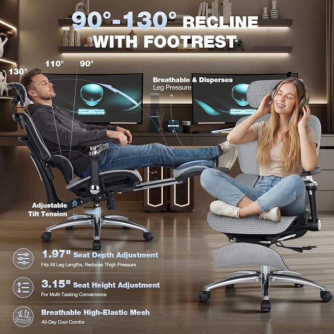 MALOL Ergonomic Office Chair, 400lbs High Back Mesh Desk Chair with 6D Armrests, 3D Headrest, Adjustable Lumbar Support, Seat Depth Adjustment, Tilt Lock, Metal Base & PU Wheels, Grey - Image 5