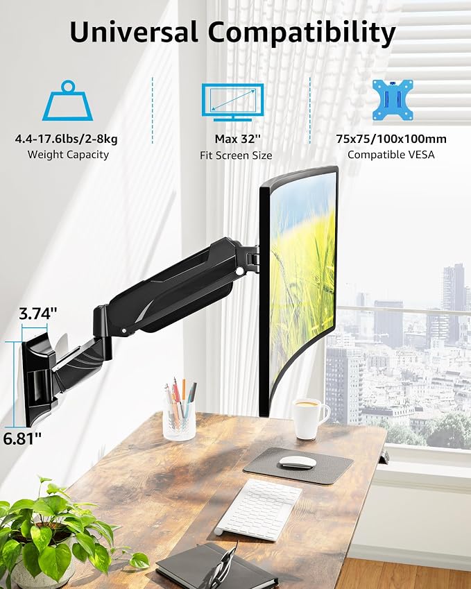 MOUNTUP Monitor Wall Mount for 17-32 Inch Computer Screen, Wall Mounted Arm Support 4.4-17.6lbs Display, Computer Monitor Arm, VESA Bracket for VESA 75x75mm and 100x100mm, Black - Image 2