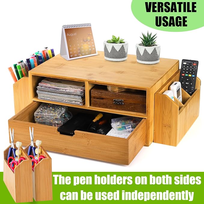 Hiceeden 2 Tier Bamboo Desktop Organizer, Desk Monitor Stand Riser with 1 Drawer and 2 Pen Holder, 2 Compartment Computer Desk Storage Organizer for Laptop, Printer - Image 4