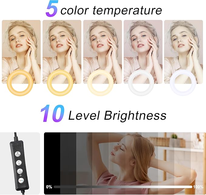 UEGOGO 10'' Ring Light with 72'' Tripod Stand & Phone Holder，38 Color Modes Dimmable LED Ringlight for Live Stream, YouTube,Makeup,TikTok - Image 3