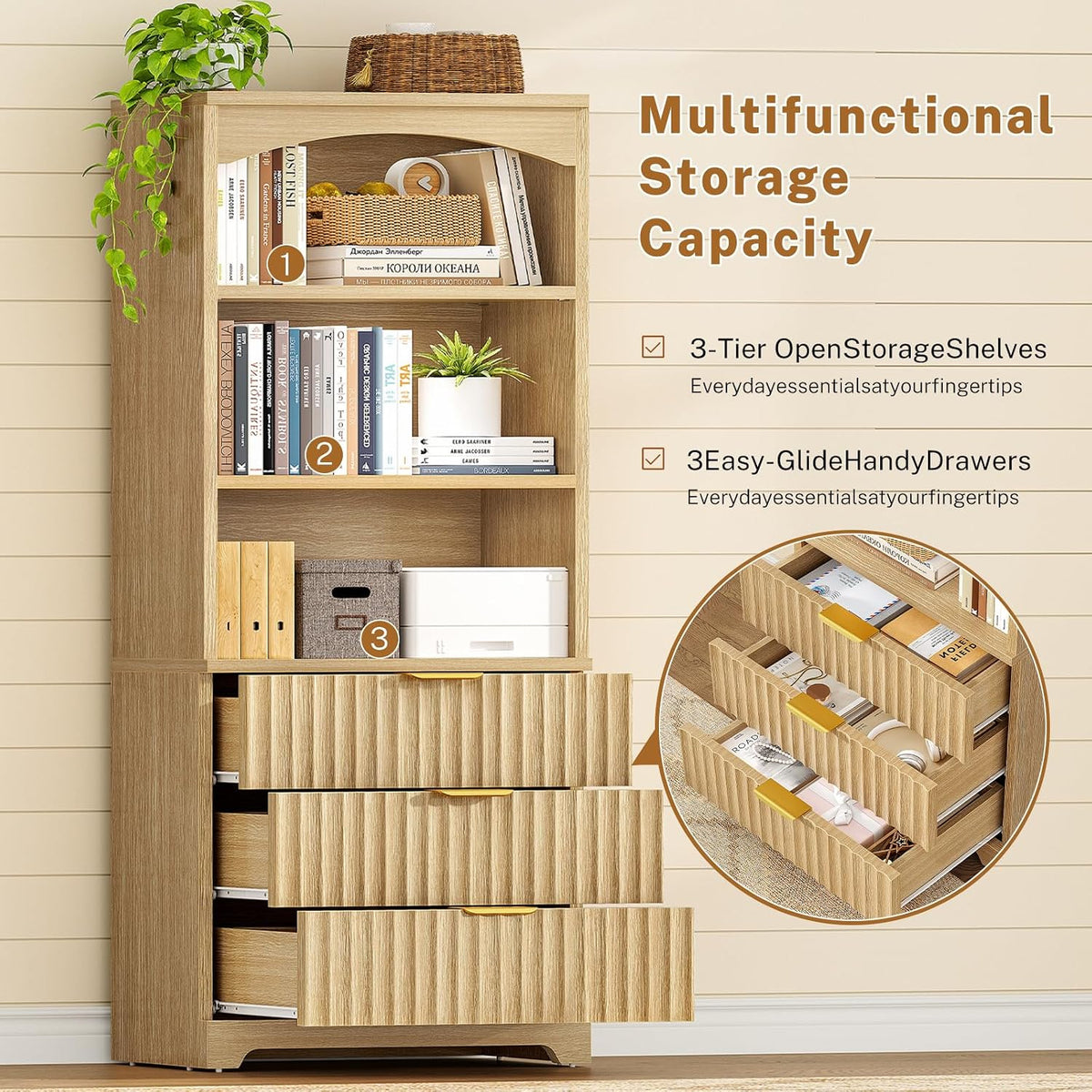 63.3" Tall Bookshelf, Bookshelves and Bookcases with Drawers, Arched Design Bookcase with Storage Cabinet, Natural Wood Grain Wave Pattern Storage Shelves for Living Room, Bedroom,Office - Image 6