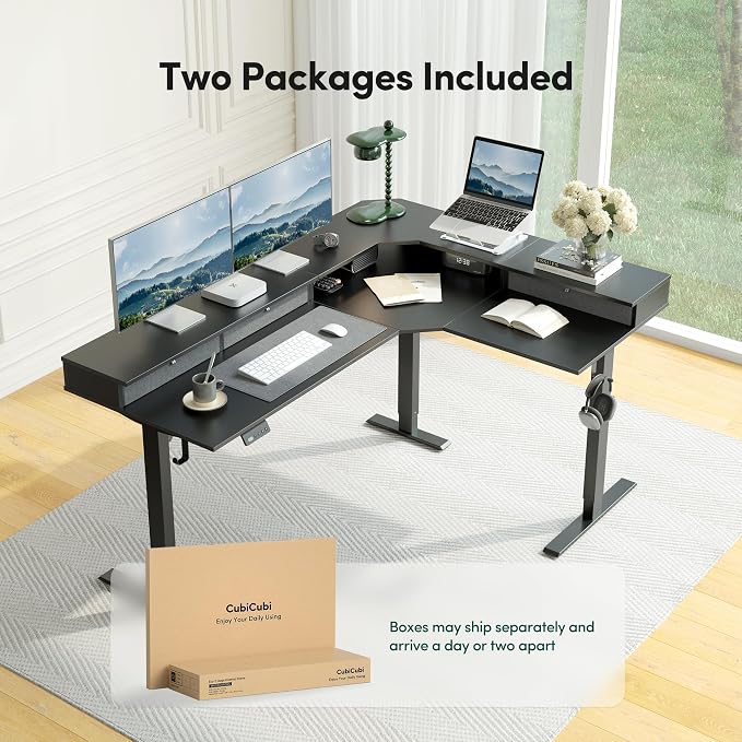 CubiCubi 63x48 Inches L Shaped Standing Desk with 3 Drawers and Monitor Shelf, Height Adjustable Corner Computer Desk with Hooks, Sit Stand Up Ergonomic Home Office Workstation Table, Black - Image 9