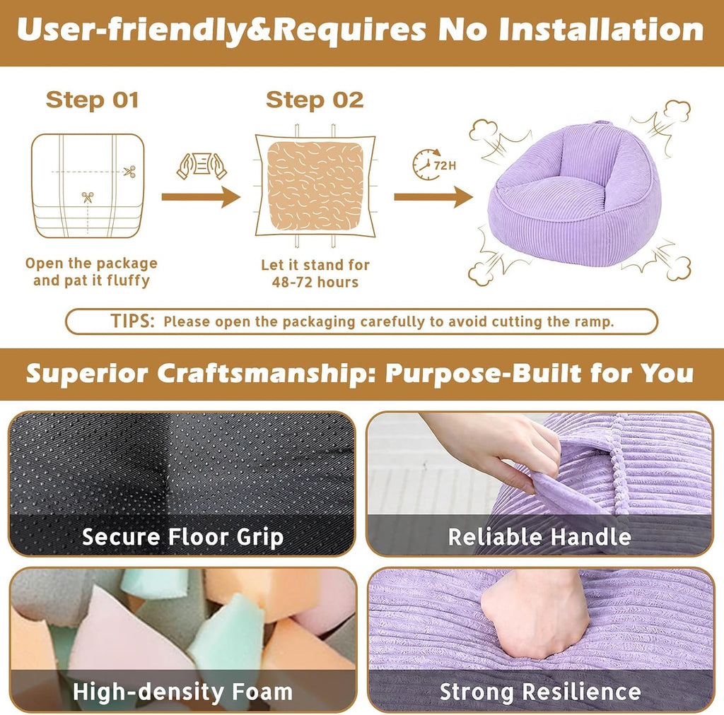 Giant Bean Bag Chair for Adults, Teens and Kids, Cozy Fluffy Corduroy Beanbag Chair with Filler, Large Floor Lounge Sofa for Living Room, Bedroom, Dorm, Gaming and Reading(L-Lightpurple) - Image 4