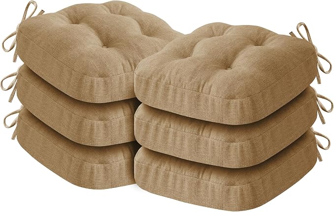 IASEAHK Chair Cushions for Dining Chairs, Dining Chair Cushions, Tufted Indoor Chair Pads with Ties & Non Slip Backing, Seat Cushions for Kitchen Chairs 16.5” x 16.5” x 3.5”, Set of 6, Khaki by IASEAHK