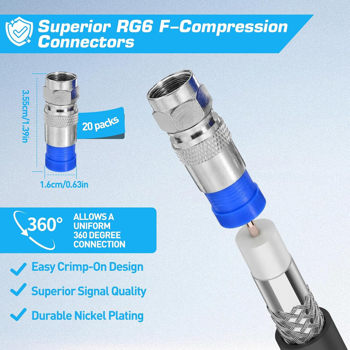 Coax Cable Crimper Kit for RG59 RG6, 3-in-1 Coaxial Tool Set, Includes Stripper & 20PCS F Connectors, Compatible with RG11/RG7, for Satellite TV, Home Theater & Network Cabling - Image 5