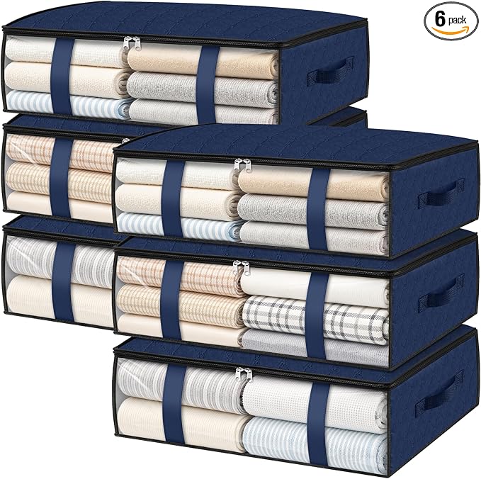 StorageRight Under Bed Storage Bags, 6 Pack, 40L, Blue | Breathable Non-Woven Fabric with a Clear Window and Zippered Top for Clothes, Comforters, Blankets and Seasonal Storage by StorageRight