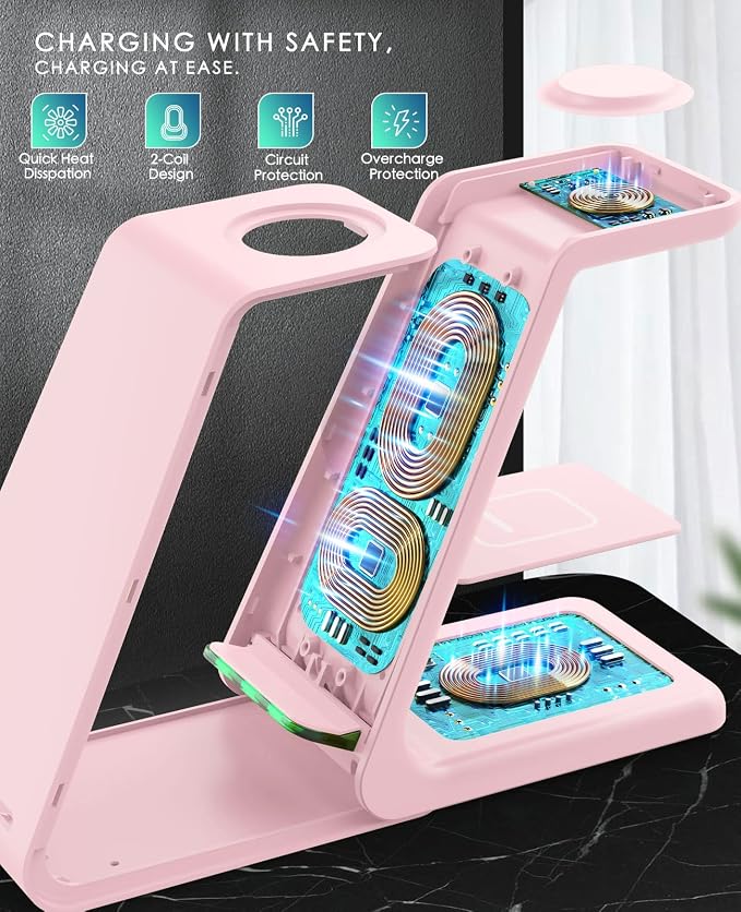 3 in 1 Wireless Charging Station, 2026 Upgraded Fast Desk Charger Station for iPhone 17 16 15 14 13 12 Pro Max Plus, Charger Stand for Apple Watch 10 9 8 7 6 5 4 3 2 SE, Airpods 4 3 2 Pro(Pink) - Image 5