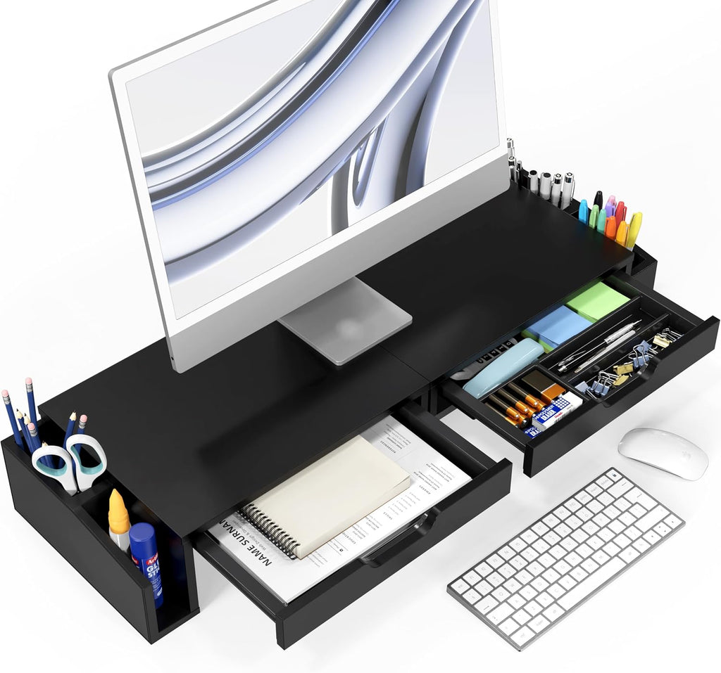 Simple Houseware Desk Dual Monitor Stand Riser with 2 Drawers, Black - Image 2