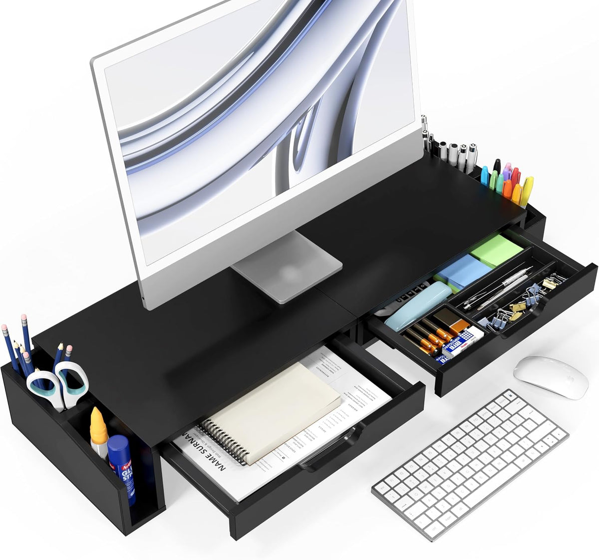 Simple Houseware Desk Dual Monitor Stand Riser with 2 Drawers, Black - Image 2