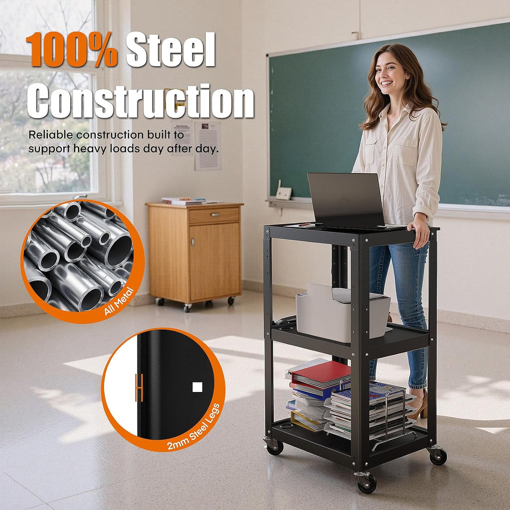 3 Shelf Metal Utility Cart - Durable Computer Cart on Wheels with Power Strip,Height Adjustable AV Presentation Cart Stand for Movie Projector,TV and Laptop Computers,Easy to Assemble, Black - Image 2