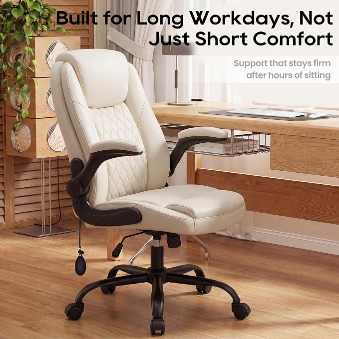 MALOL Leather Office Chair, Computer Desk Chair with Adjustable Lumbar Support, Thick Cushion, Flip-Up Arms and Ergonomic Back, Comfy Executive Office Chair for Home Office Gaming,Beige - Image 10