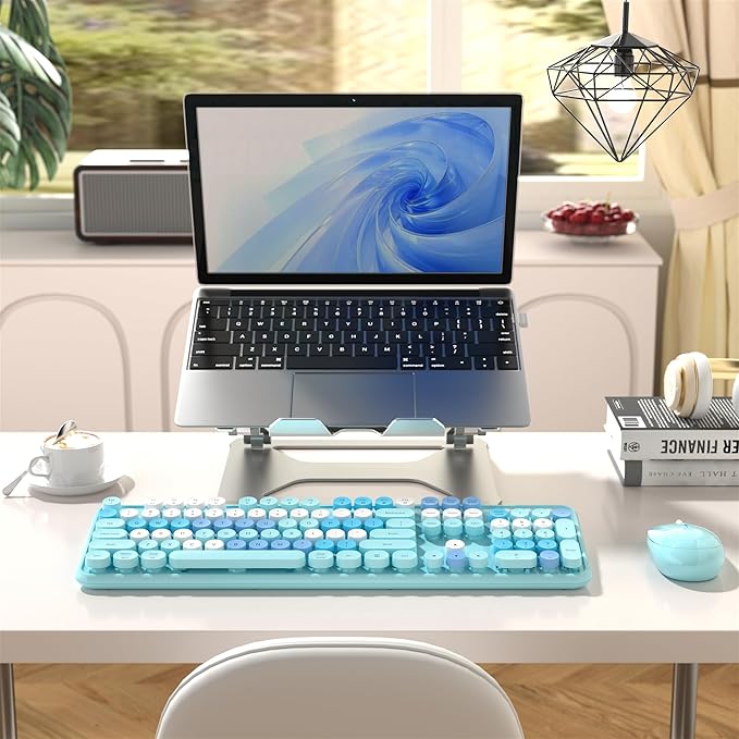 MPTOG Colorful Wireless Computer Keyboard and Mouse Combo (Blue-Colorful) | Retro Round Typewriter Keycaps, Power Switch, Ergonomic Design, 2.4GHz Wireless for Windows, Mac, PC - Image 3