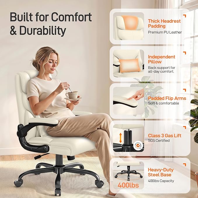 Office Chair, Executive Mid-Back Computer Desk Chair with Flip-up Armrests | 300 Lbs Ergonomic Leather Swivel PC Chair with Rock Function for Working Studying (Creamy White) - Image 6