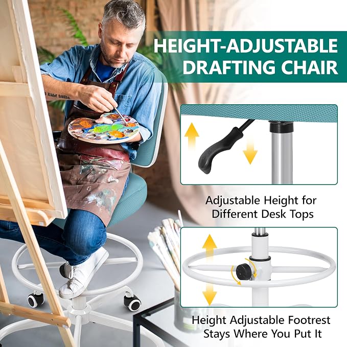 Armless Tall Desk Chair, Adjustable Height and Footring, Low-Back Ergonomic Standing Desk Chair Mesh Rolling Tall Chair for Art Room, Office or Home (Teal) - Image 4