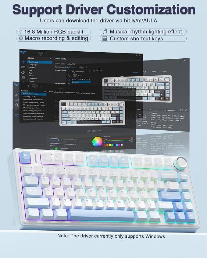 AULA F75 75% Wireless Mechanical Keyboard, Hot Swappable Creamy Keyboard, Pre-lubed Greywood Switches RGB Backlit Gaming Keyboards, 2.4GHz/Type-C/BT5.0(Salt White Blue) - Image 7