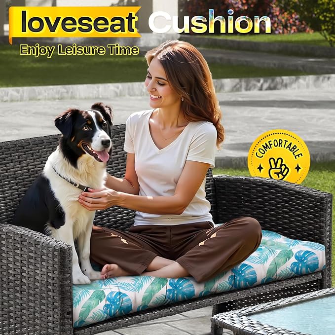 MAGIC ELEPHANT Outdoor Bench Cushion, Memory Foam Loveseat Cushion for Patio Furniture Wicker Chair, Settee Porch Swing Seat Cushion, 44 x 19 Inches (Aqua Monstera) - Image 6