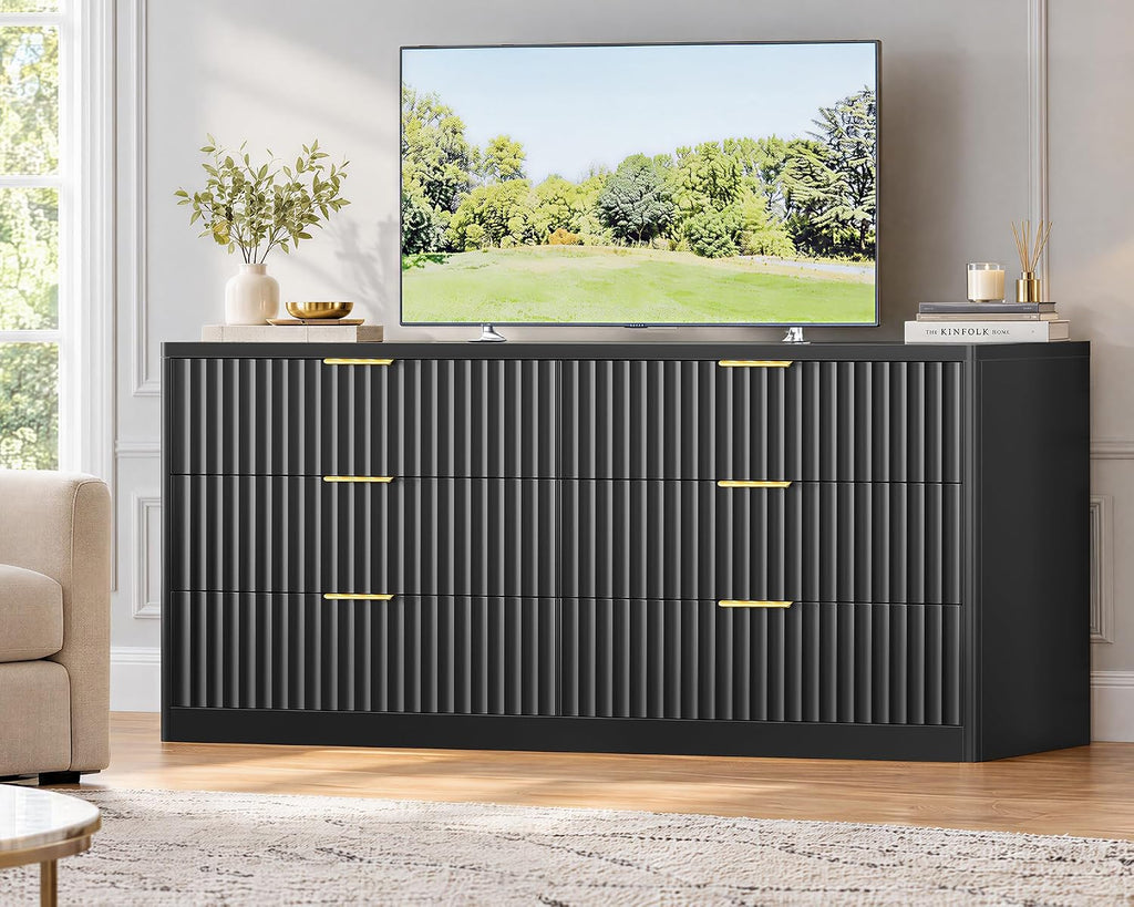 TEENFON 56.3'' Dresser for Bedroom with 6 Drawers, Dressers & Chest of Drawers with Curved Profile Design, 6 Drawer Dresser, Fluted Dressers, Wood Dressers for Bedroom, Living Room, Black - Image 4